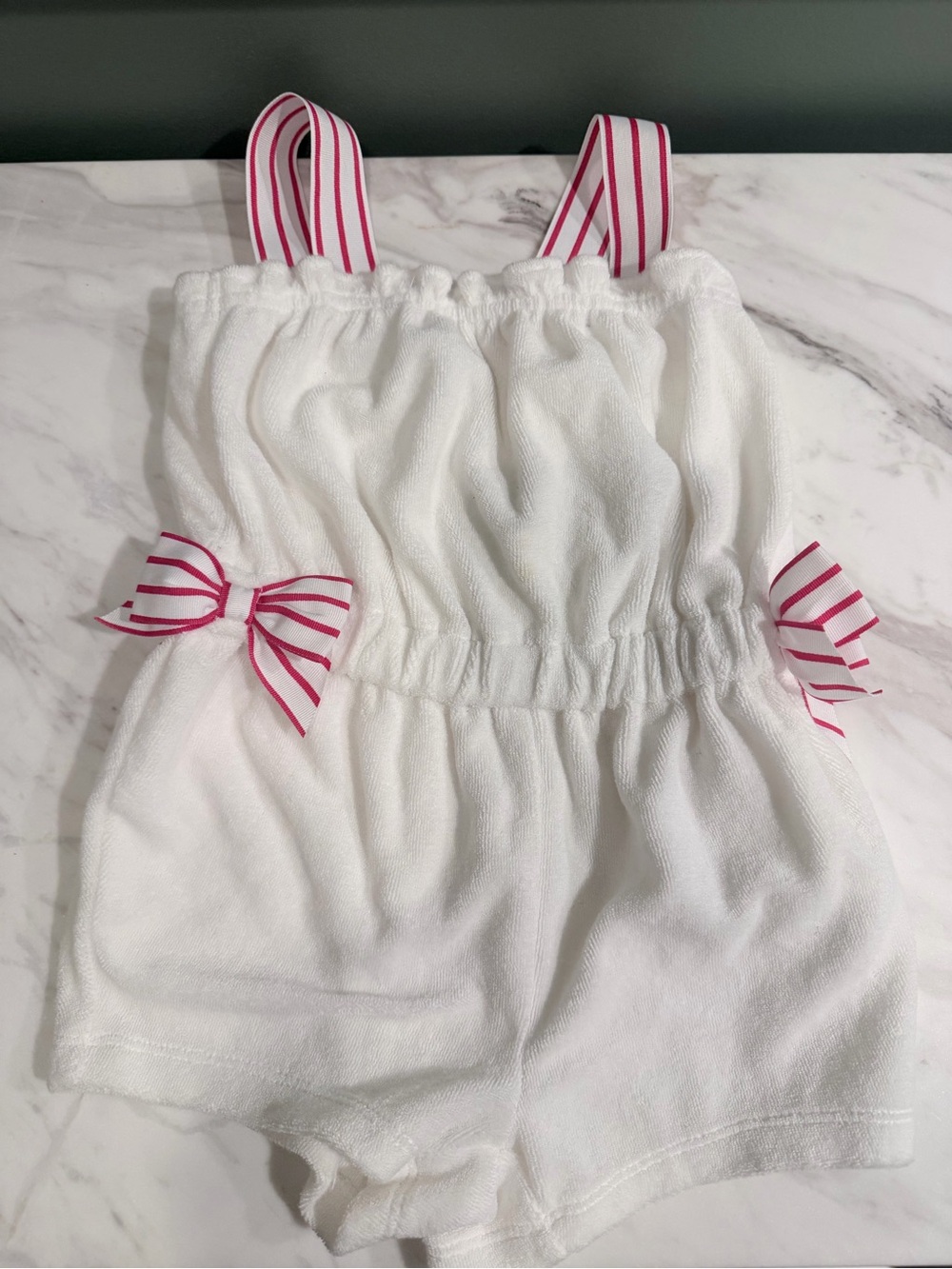 Janie and Jack White Terry Romper with Pink-Striped Ribbon Accents